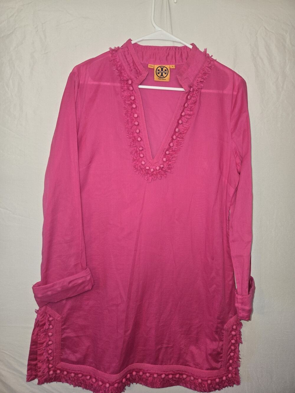 Tory Burch US Womens Size 10 Tunic Top Shirt Pink Pom Pom Fringe 100% Cotton